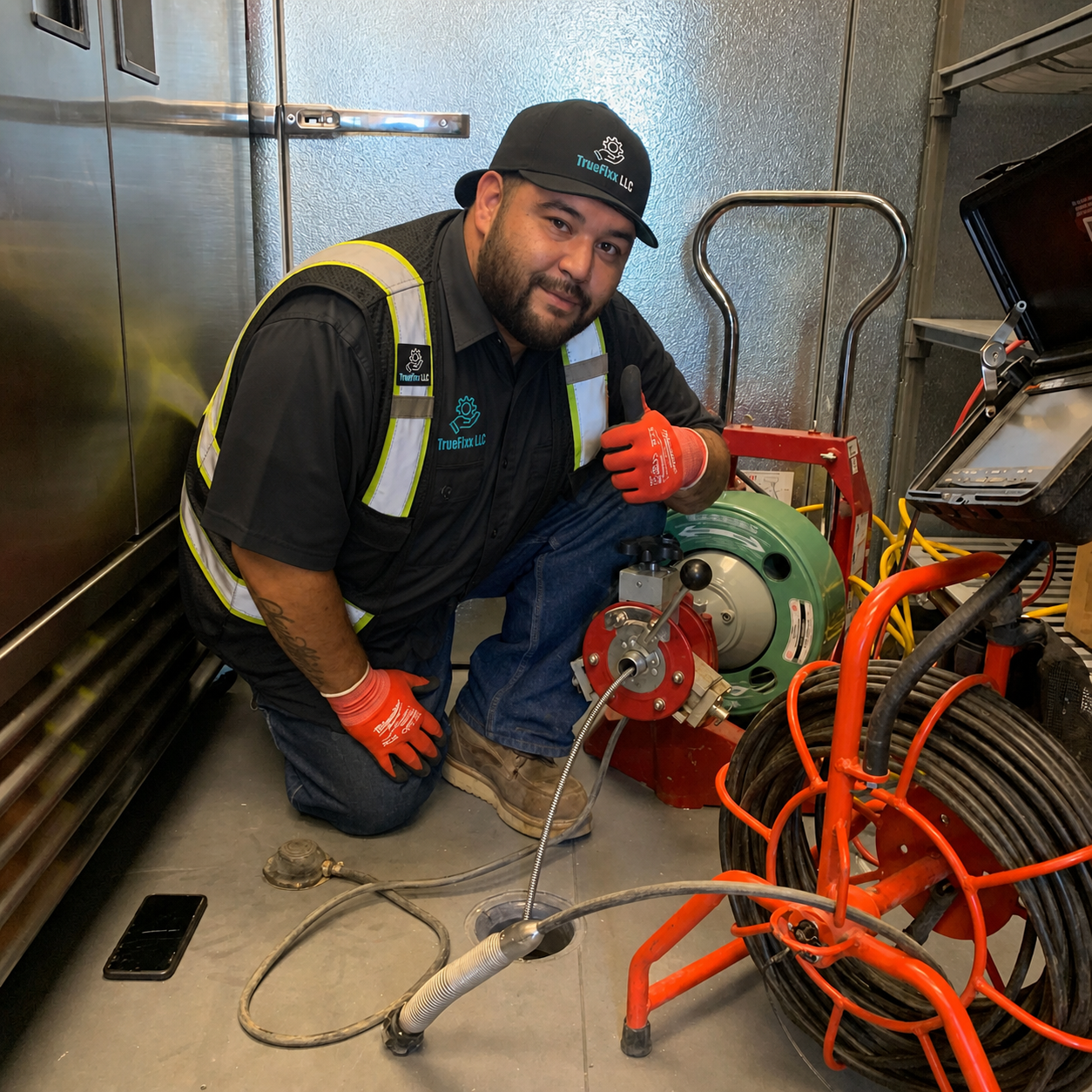 TrueFixx technician working on electrical ceiling installation in commercial space
